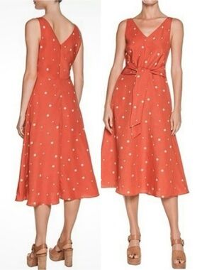 NWOT Veronika Maine Scattered Spot Tie Midi Waist Dress Terracotta Large Size 12
